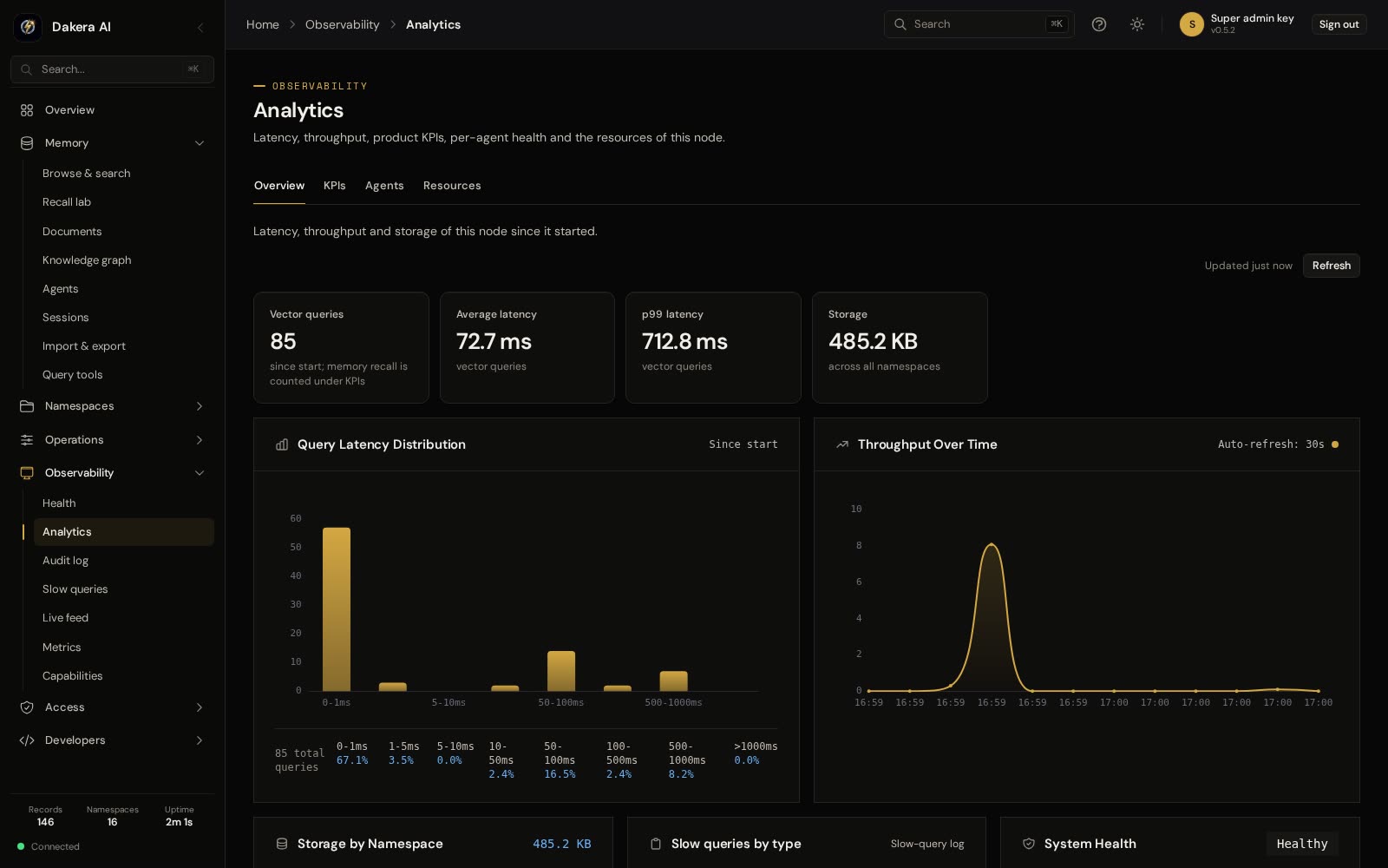 The Analytics page with vector queries, average and p99 latency, storage, a query latency histogram and a throughput chart.