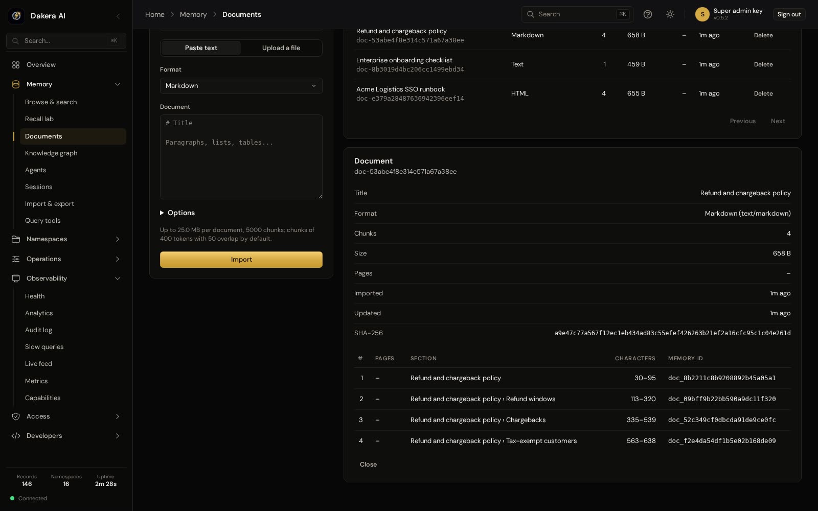 The Documents page: an import form for pasting text, Markdown or HTML or uploading a file, the agent's imported documents with format, chunk count and size, and an open refund policy listing its four chunks by section heading and character range.
