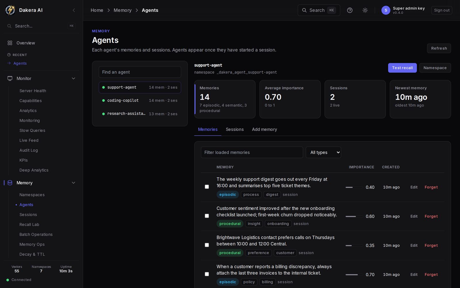The Agents page for a support agent, listing its memories with type, tags and importance, plus tabs for sessions and adding a memory.