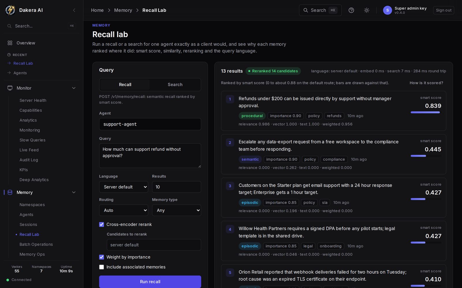The Recall lab running a question against a support agent, with ranked results showing smart score, relevance and importance, and a reranked-candidates badge.