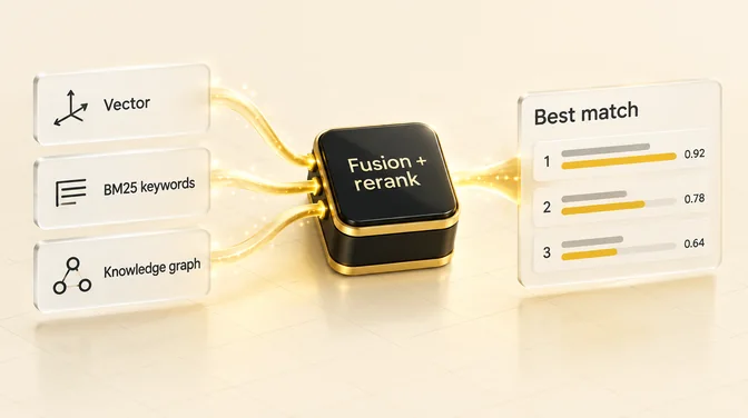 Vector, BM25 keyword and knowledge-graph signals flow into one Fusion and rerank unit, which returns a ranked Best match list.