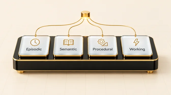 A console with four memory modules labelled Episodic, Semantic, Procedural and Working, wired to one connector.
