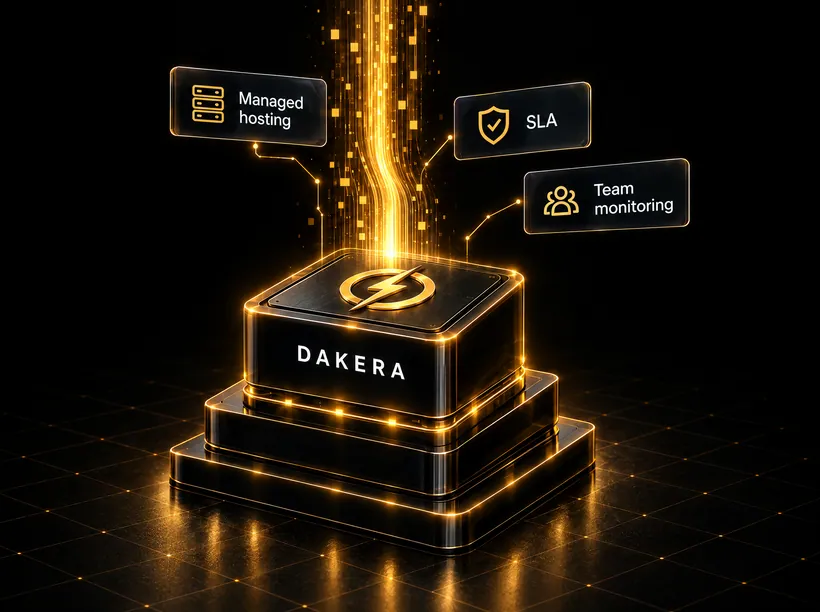 The Dakera core under a column of light, with managed hosting, SLA and team monitoring.