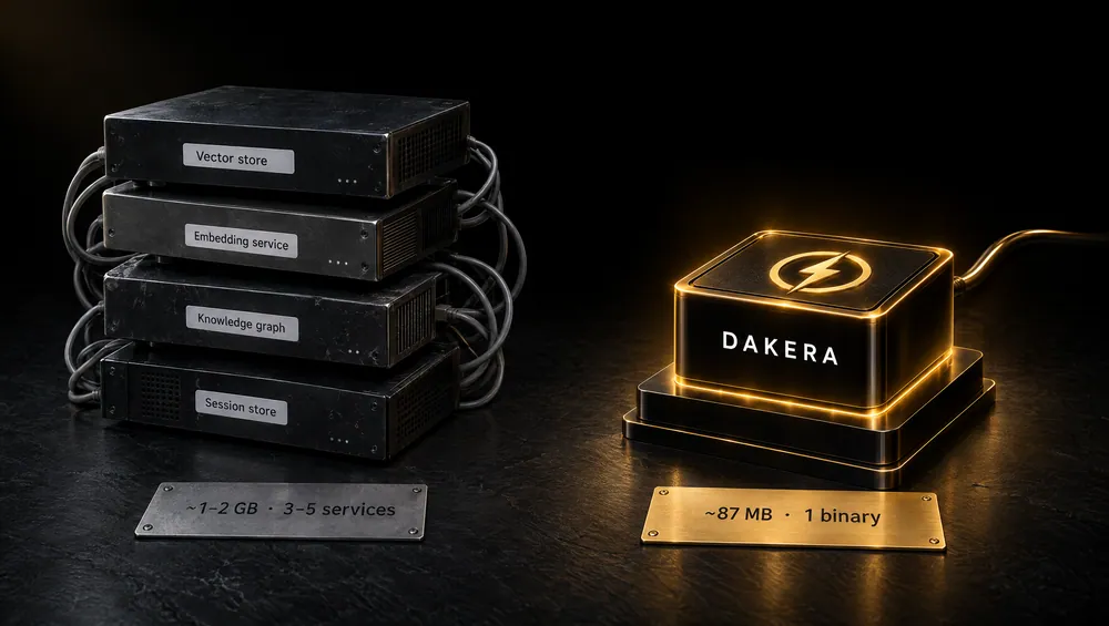 A rack of four services (vector store, embedding service, knowledge graph, session store) next to a single Dakera block