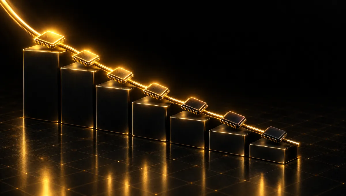 A brass curve descending over black steps with memory chips fading from bright gold to dark along it