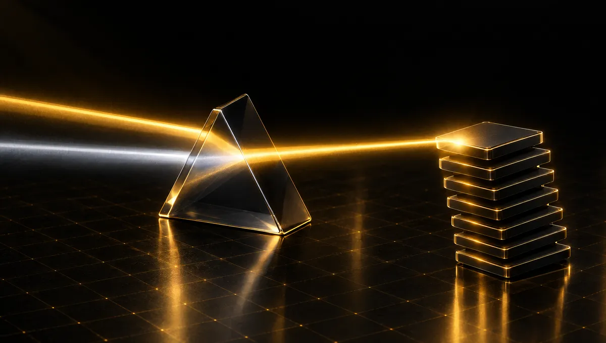 A gold beam and a white beam entering a prism and merging into one beam that lands on a ranked stack of tiles