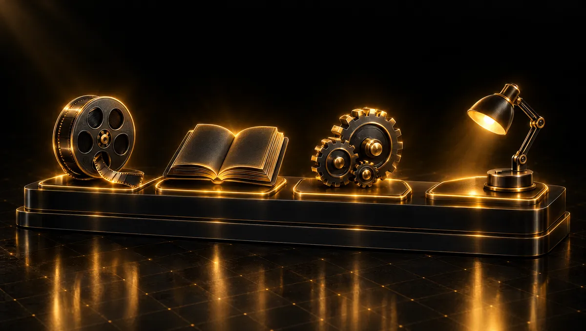 Four memory modules side by side: a film reel (episodic), an open book (semantic), gears (procedural) and a workbench lamp (working)