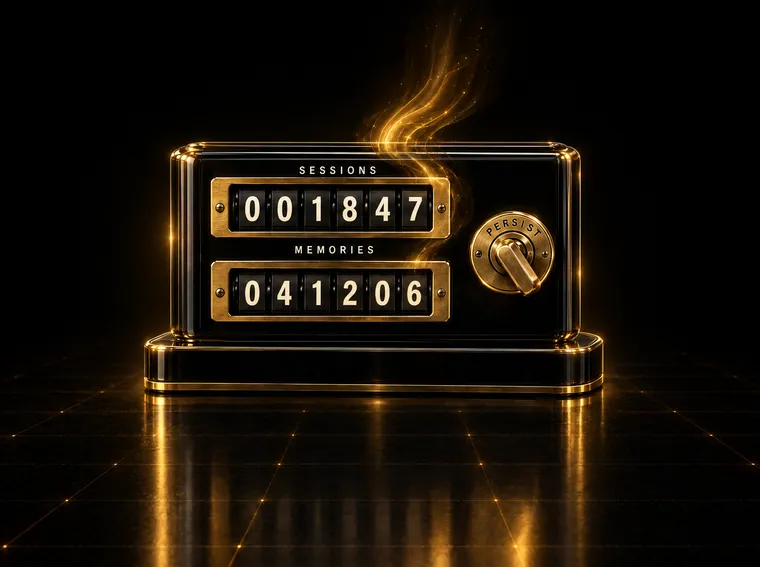 The same counter lit up, reading 1,847 sessions and 041206 memories, its key turned to persist.