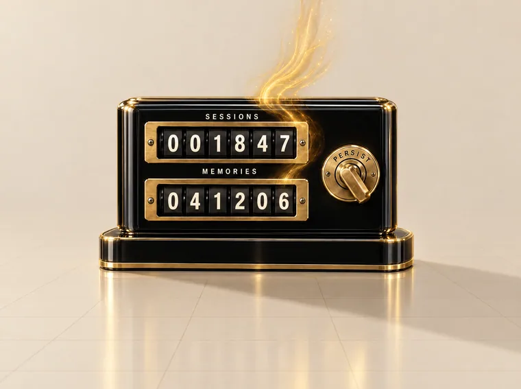 The same counter lit up, reading 1,847 sessions and 041206 memories, its key turned to persist.