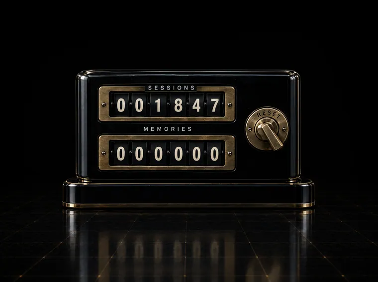 A mechanical counter reading 1,847 sessions and 000000 memories, key turned to RESET
