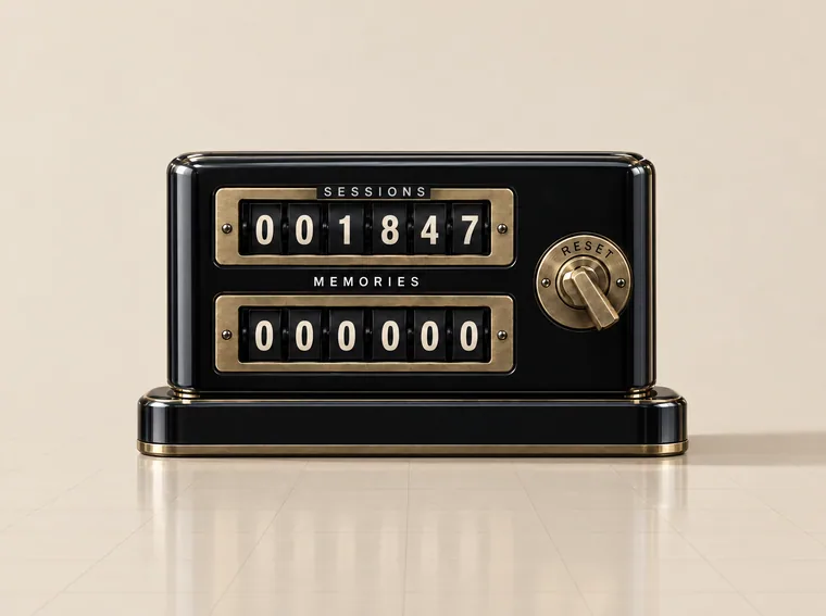 A brass counter reading 1,847 sessions and 000000 memories, its key turned to reset.