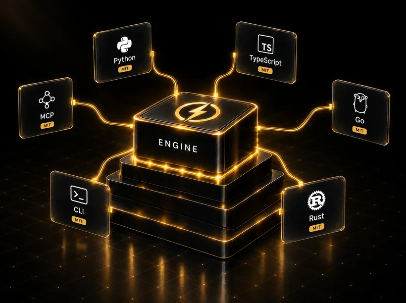 The sealed Dakera engine core surrounded by six open MIT-licensed panels: Python, TypeScript, Go, Rust, CLI, MCP