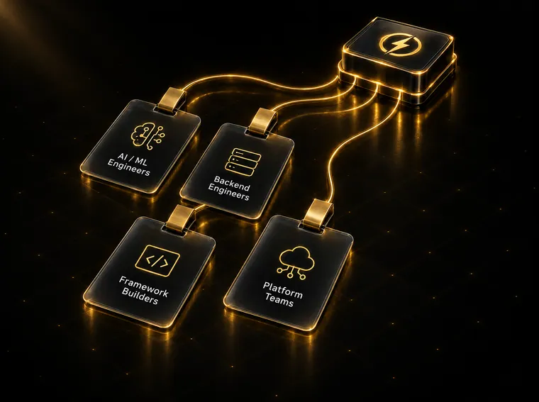 Four ID badges: AI/ML Engineers, Backend Engineers, Framework Builders, Platform Teams, linked to one Dakera core