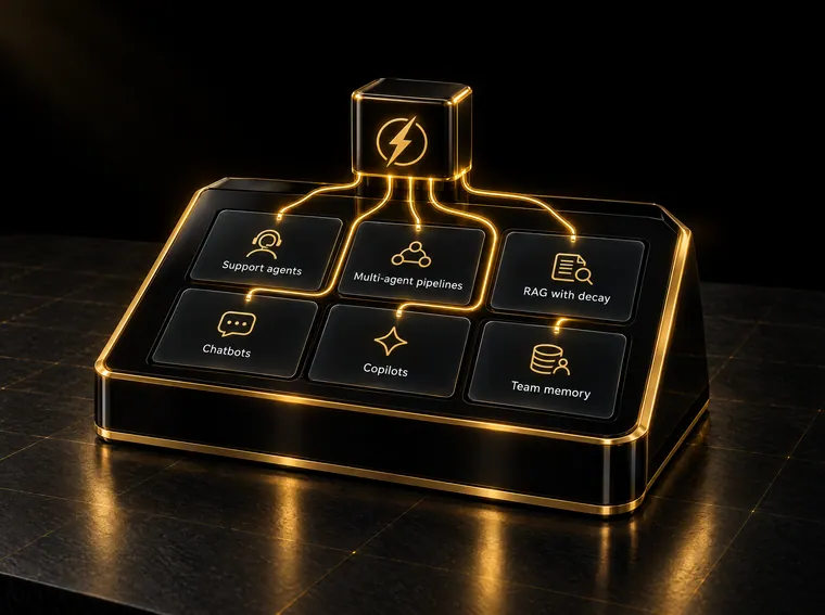 A console with six screens: Support agents, Multi-agent pipelines, RAG with decay, Chatbots, Copilots, Team memory, all wired to one Dakera core